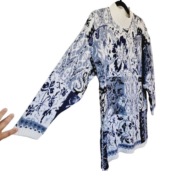 VTG 90s Cut 4 U Womens OS Blue Floral Granny Mixed Media Patchwork Knit Sweater - Picture 3 of 12